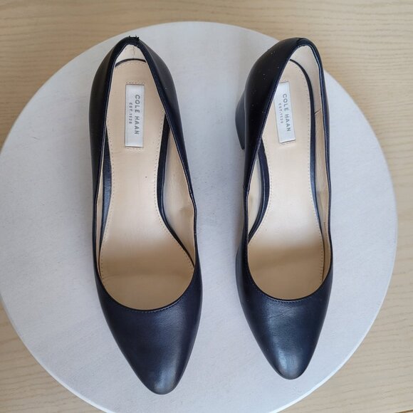 Cole Haan Justine Navy Leather Block Chunky Heels Classic Pumps - Picture 7 of 16